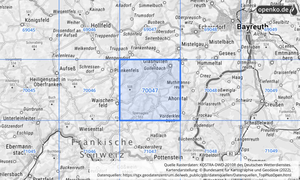 Übersichtskarte KOSTRA-DWD-2010R Rasterfeld Nr. 70047 mit angrenzenden Feldern