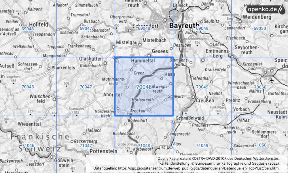 Übersichtskarte KOSTRA-DWD-2010R Rasterfeld Nr. 70048 mit angrenzenden Feldern