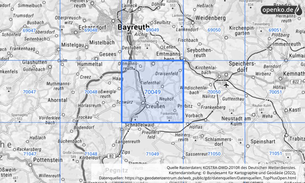 Übersichtskarte KOSTRA-DWD-2010R Rasterfeld Nr. 70049 mit angrenzenden Feldern