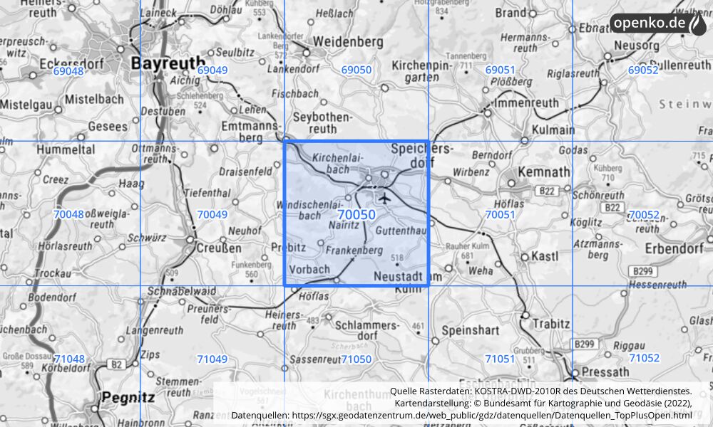 Übersichtskarte KOSTRA-DWD-2010R Rasterfeld Nr. 70050 mit angrenzenden Feldern