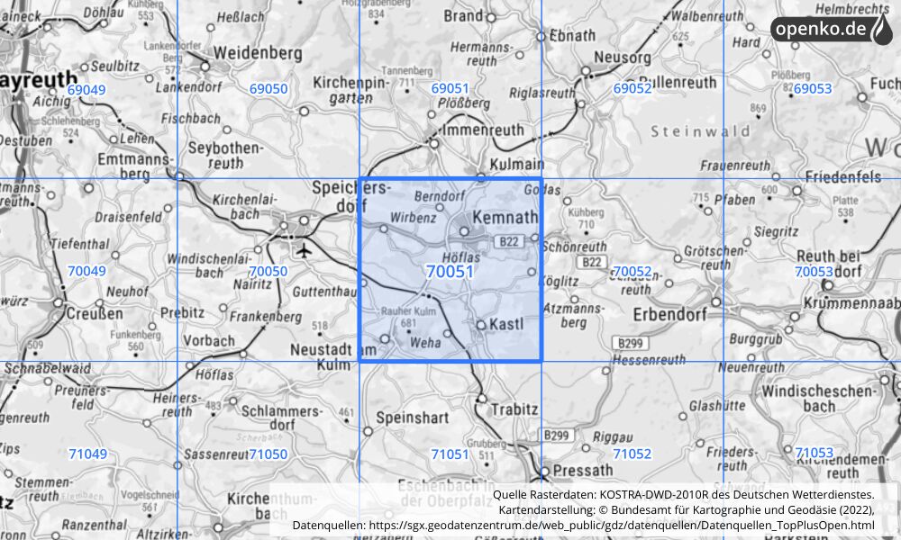 Übersichtskarte KOSTRA-DWD-2010R Rasterfeld Nr. 70051 mit angrenzenden Feldern