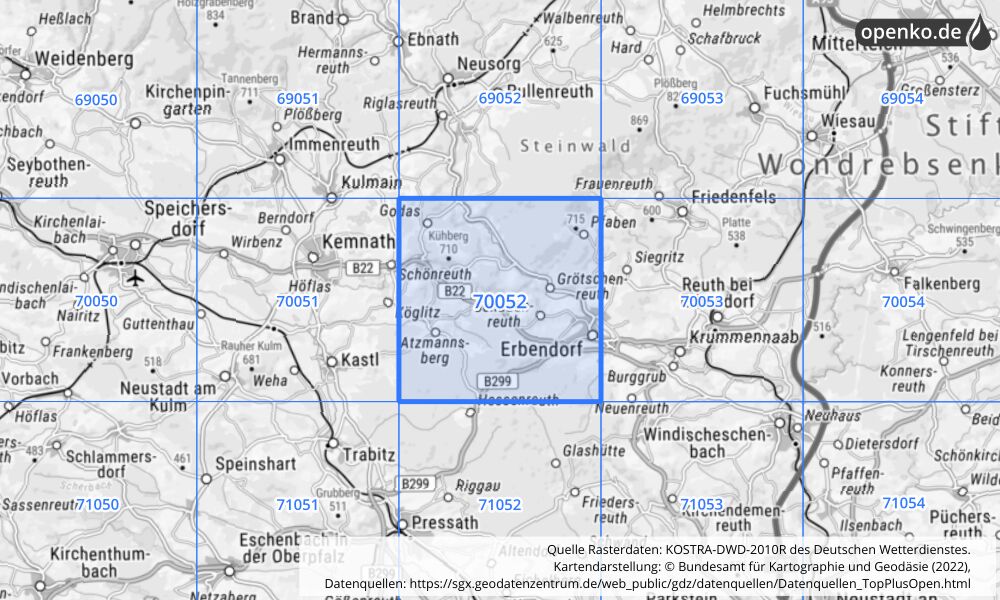 Übersichtskarte KOSTRA-DWD-2010R Rasterfeld Nr. 70052 mit angrenzenden Feldern