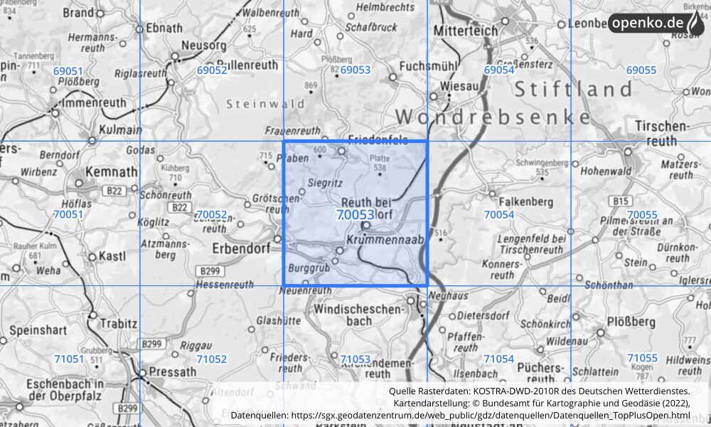 Übersichtskarte KOSTRA-DWD-2010R Rasterfeld Nr. 70053 mit angrenzenden Feldern