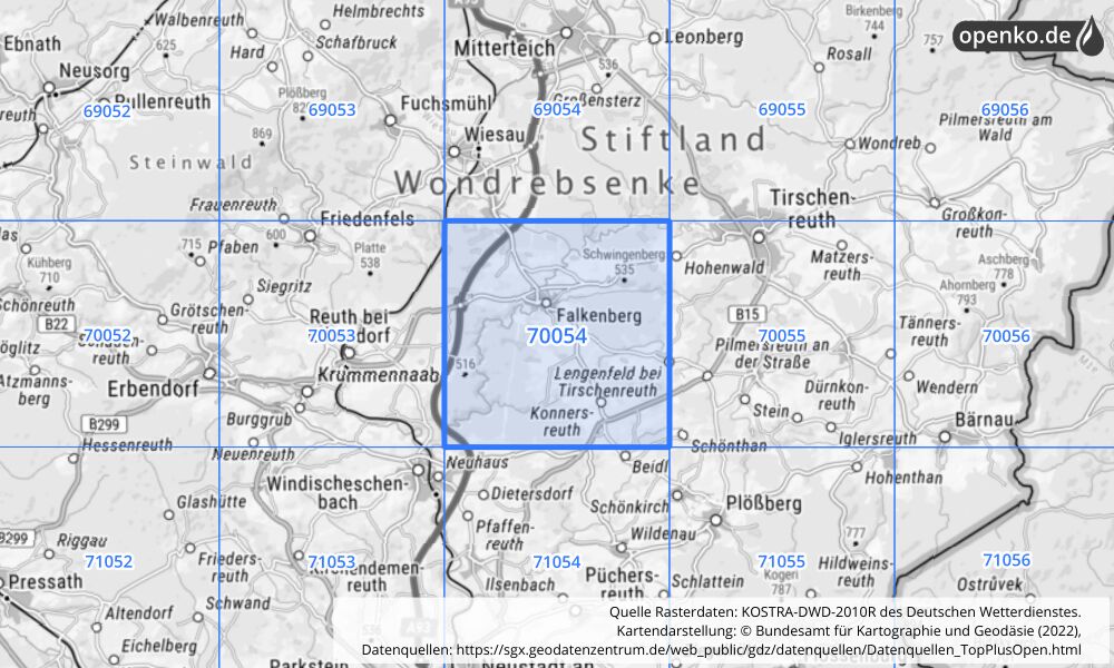 Übersichtskarte KOSTRA-DWD-2010R Rasterfeld Nr. 70054 mit angrenzenden Feldern