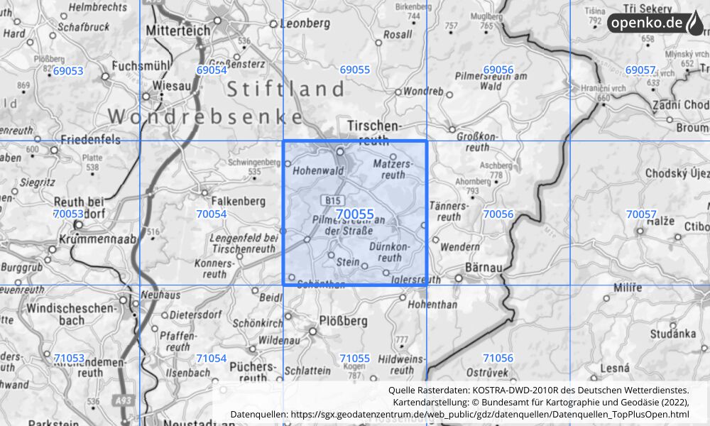 Übersichtskarte KOSTRA-DWD-2010R Rasterfeld Nr. 70055 mit angrenzenden Feldern