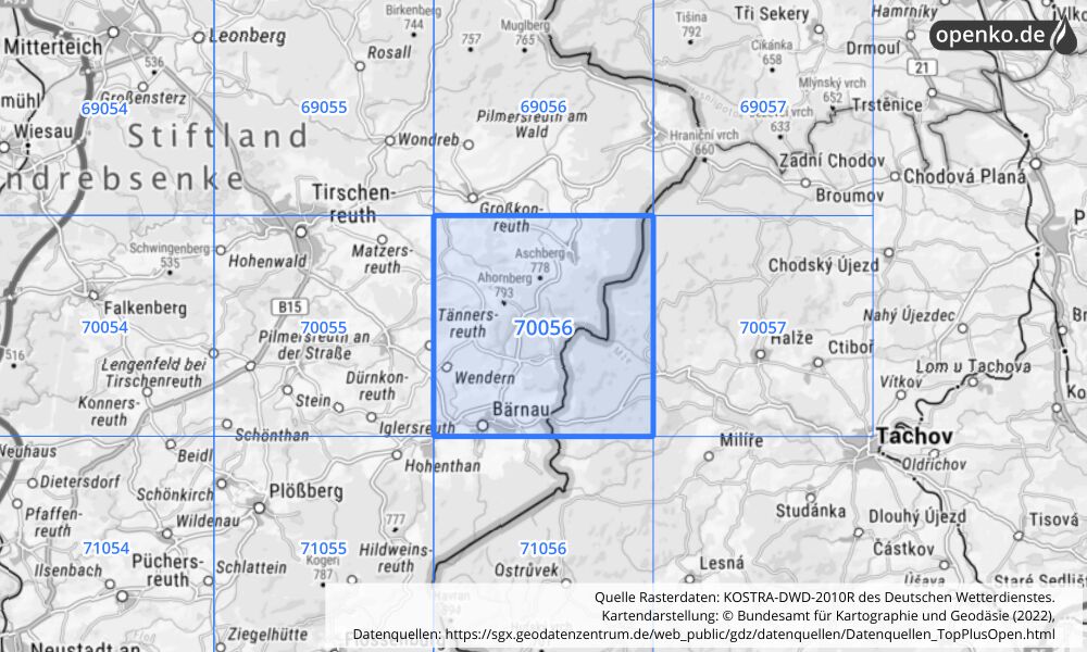 Übersichtskarte KOSTRA-DWD-2010R Rasterfeld Nr. 70056 mit angrenzenden Feldern