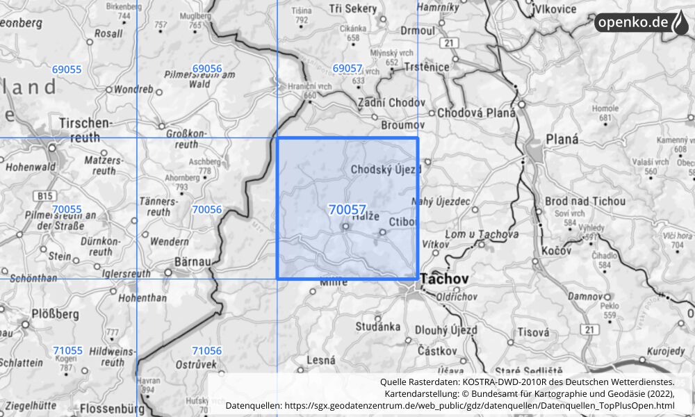 Übersichtskarte KOSTRA-DWD-2010R Rasterfeld Nr. 70057 mit angrenzenden Feldern