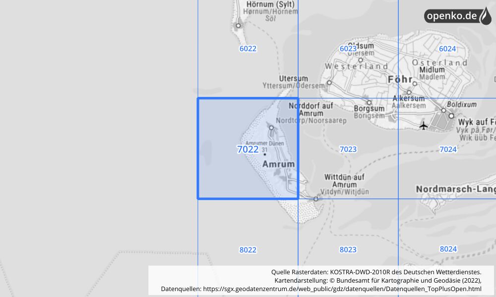 Übersichtskarte KOSTRA-DWD-2010R Rasterfeld Nr. 7022 mit angrenzenden Feldern