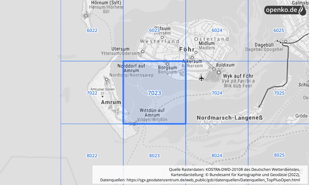 Übersichtskarte KOSTRA-DWD-2010R Rasterfeld Nr. 7023 mit angrenzenden Feldern