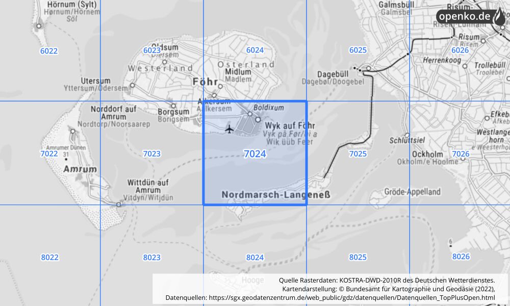 Übersichtskarte KOSTRA-DWD-2010R Rasterfeld Nr. 7024 mit angrenzenden Feldern