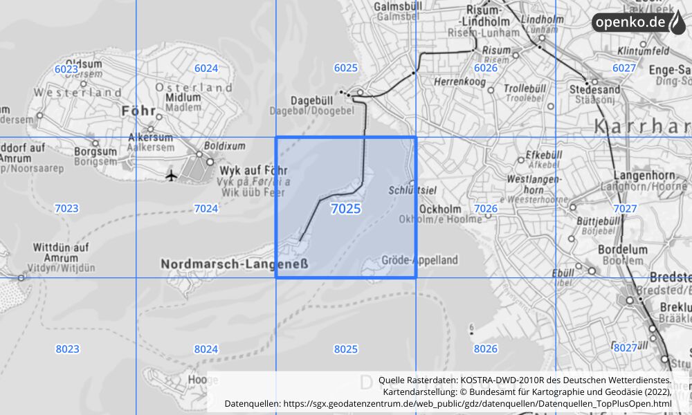 Übersichtskarte KOSTRA-DWD-2010R Rasterfeld Nr. 7025 mit angrenzenden Feldern