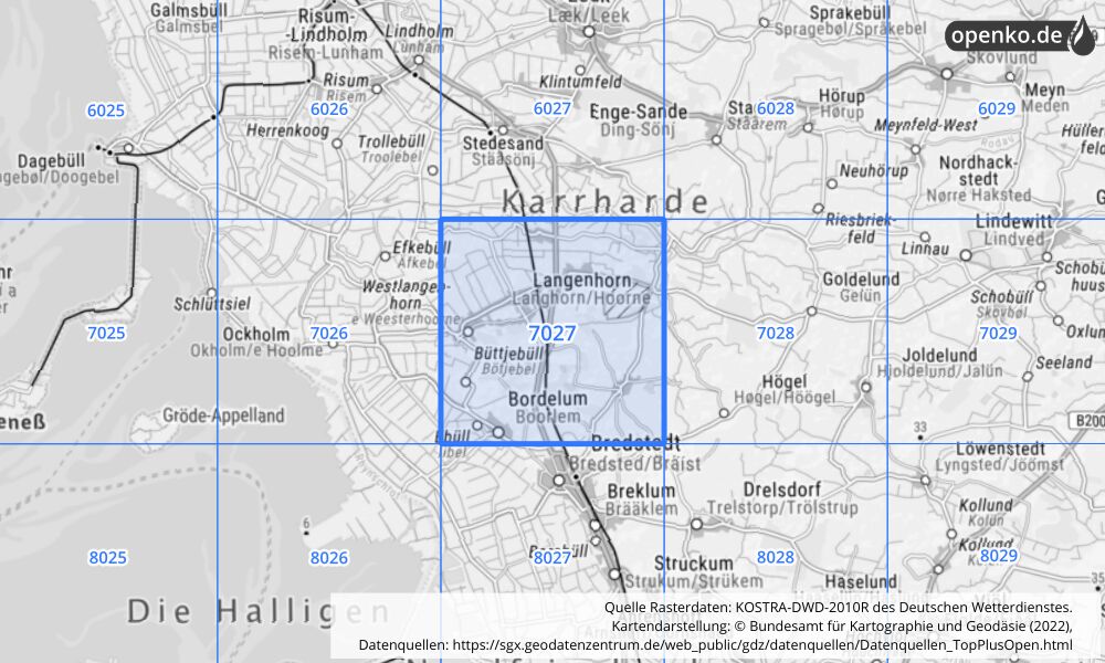 Übersichtskarte KOSTRA-DWD-2010R Rasterfeld Nr. 7027 mit angrenzenden Feldern