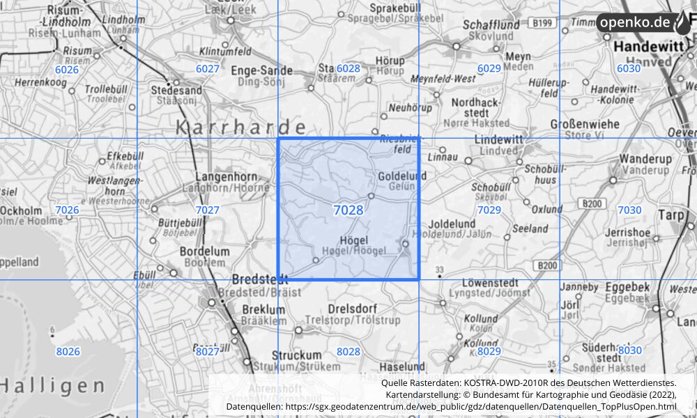 Übersichtskarte KOSTRA-DWD-2010R Rasterfeld Nr. 7028 mit angrenzenden Feldern