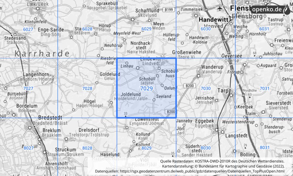 Übersichtskarte KOSTRA-DWD-2010R Rasterfeld Nr. 7029 mit angrenzenden Feldern