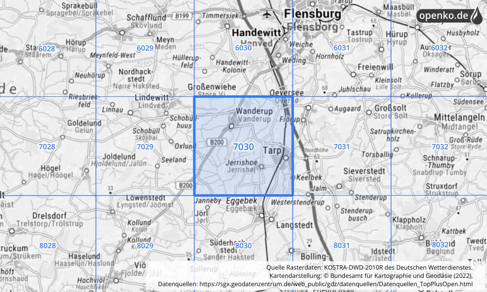 Übersichtskarte KOSTRA-DWD-2010R Rasterfeld Nr. 7030 mit angrenzenden Feldern