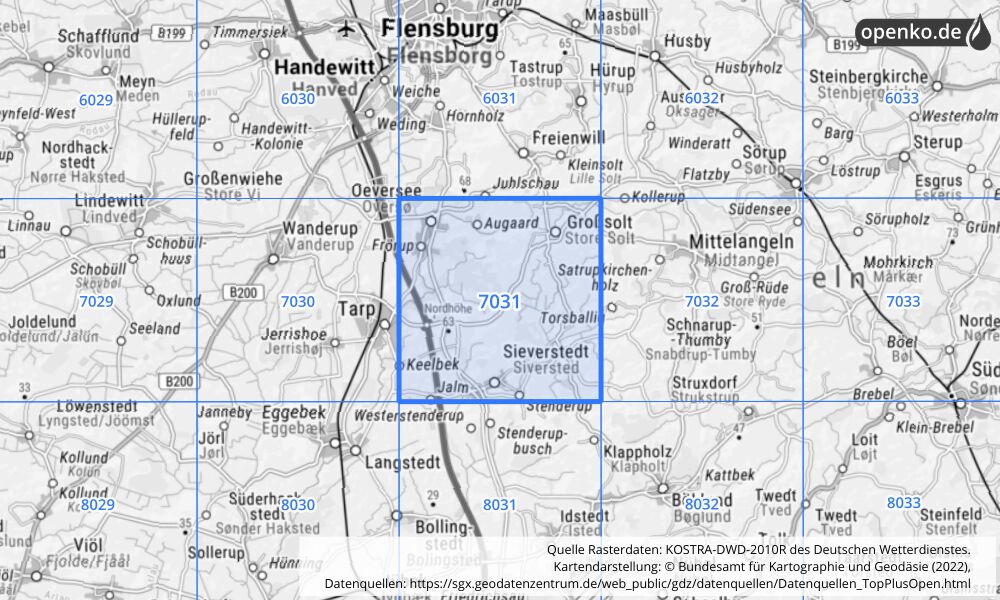 Übersichtskarte KOSTRA-DWD-2010R Rasterfeld Nr. 7031 mit angrenzenden Feldern