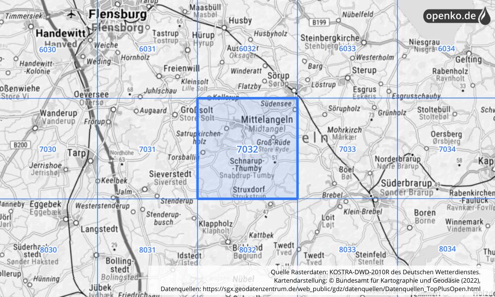 Übersichtskarte KOSTRA-DWD-2010R Rasterfeld Nr. 7032 mit angrenzenden Feldern