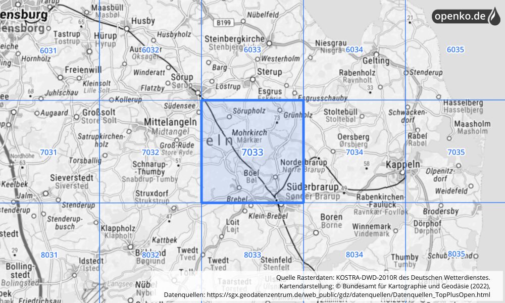 Übersichtskarte KOSTRA-DWD-2010R Rasterfeld Nr. 7033 mit angrenzenden Feldern