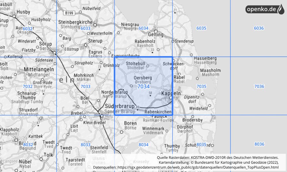 Übersichtskarte KOSTRA-DWD-2010R Rasterfeld Nr. 7034 mit angrenzenden Feldern