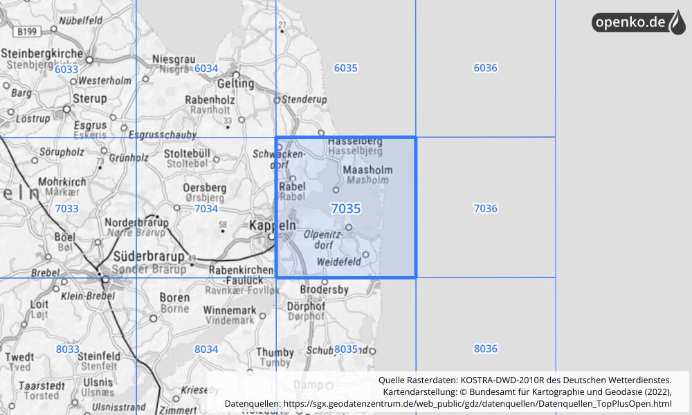 Übersichtskarte KOSTRA-DWD-2010R Rasterfeld Nr. 7035 mit angrenzenden Feldern