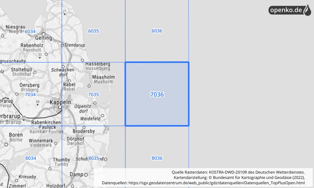 Übersichtskarte KOSTRA-DWD-2010R Rasterfeld Nr. 7036 mit angrenzenden Feldern