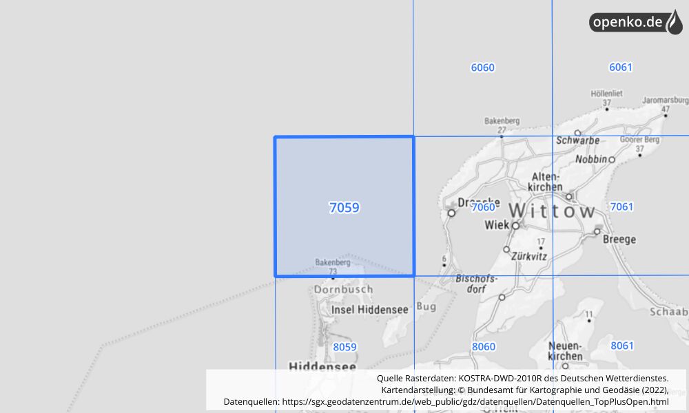 Übersichtskarte KOSTRA-DWD-2010R Rasterfeld Nr. 7059 mit angrenzenden Feldern