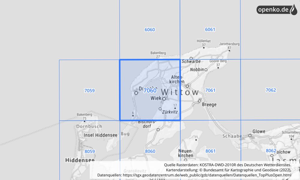 Übersichtskarte KOSTRA-DWD-2010R Rasterfeld Nr. 7060 mit angrenzenden Feldern