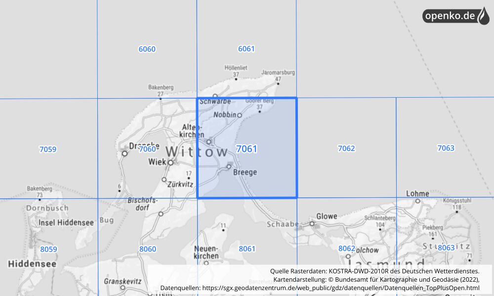 Übersichtskarte KOSTRA-DWD-2010R Rasterfeld Nr. 7061 mit angrenzenden Feldern