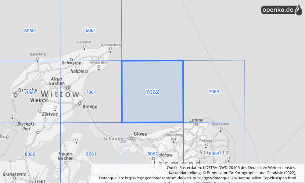 Übersichtskarte KOSTRA-DWD-2010R Rasterfeld Nr. 7062 mit angrenzenden Feldern