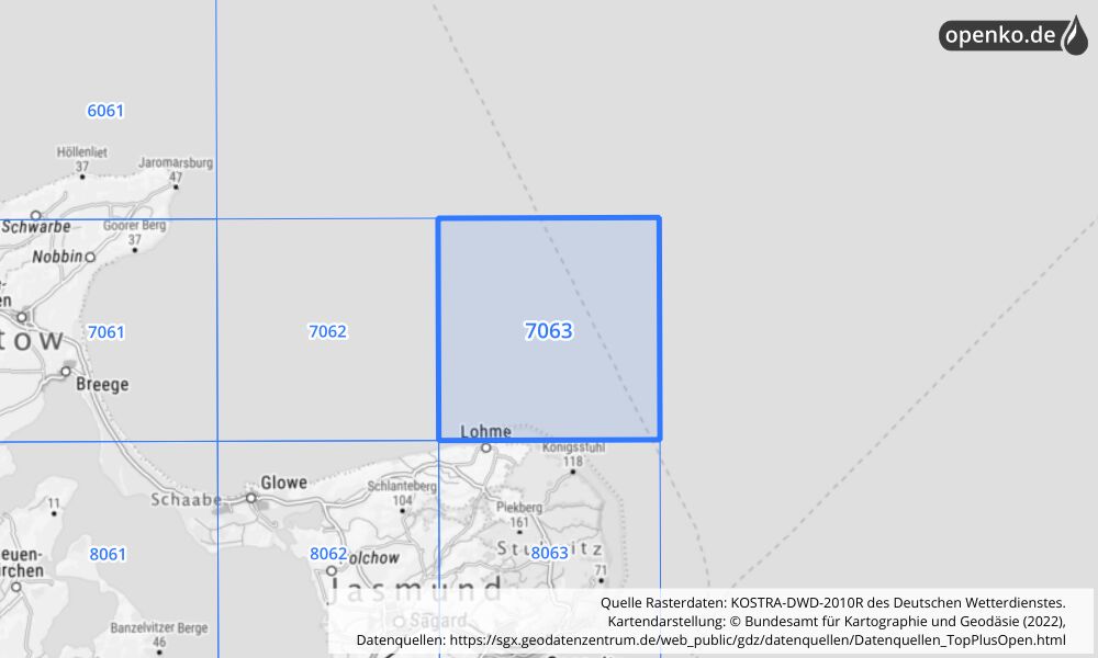 Übersichtskarte KOSTRA-DWD-2010R Rasterfeld Nr. 7063 mit angrenzenden Feldern