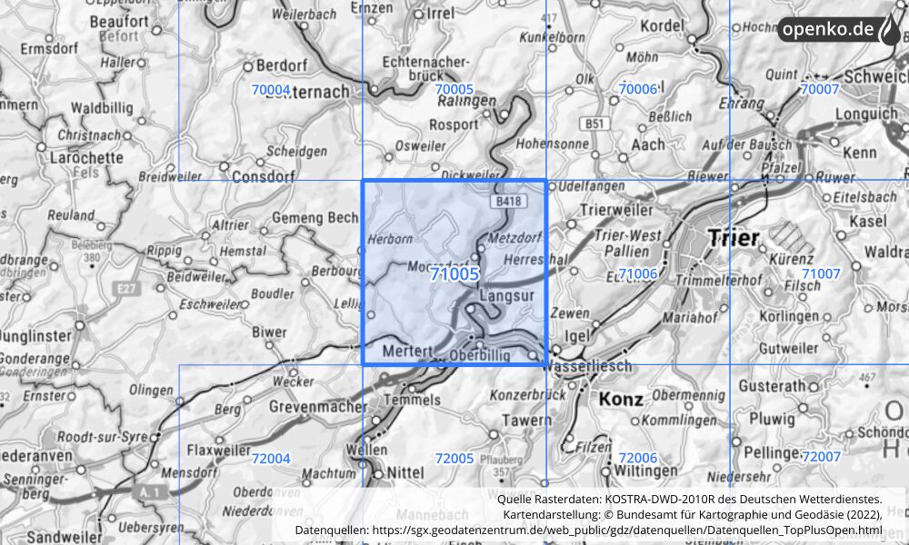 Übersichtskarte KOSTRA-DWD-2010R Rasterfeld Nr. 71005 mit angrenzenden Feldern