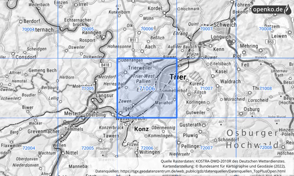 Übersichtskarte KOSTRA-DWD-2010R Rasterfeld Nr. 71006 mit angrenzenden Feldern