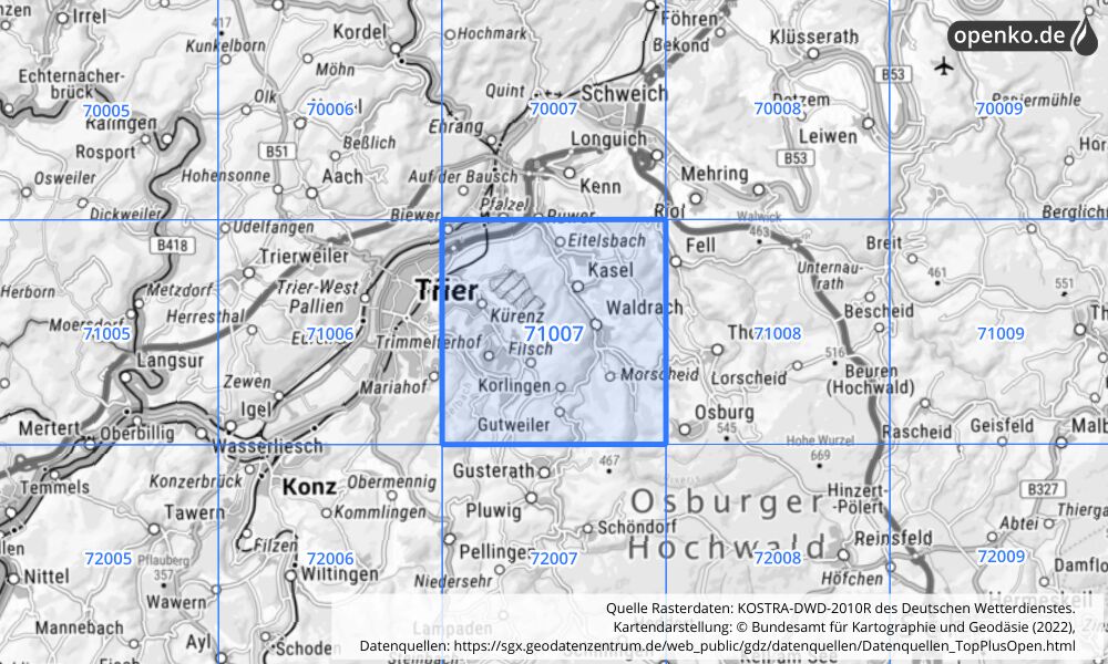 Übersichtskarte KOSTRA-DWD-2010R Rasterfeld Nr. 71007 mit angrenzenden Feldern