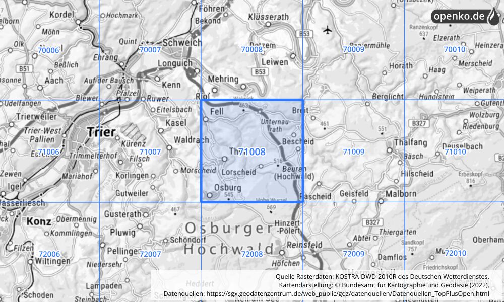 Übersichtskarte KOSTRA-DWD-2010R Rasterfeld Nr. 71008 mit angrenzenden Feldern