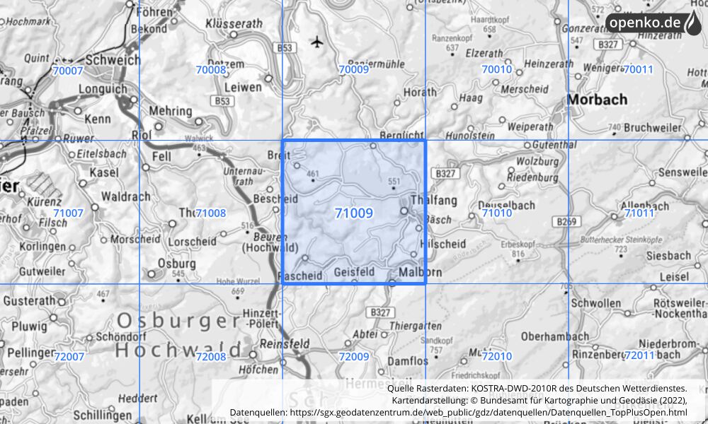 Übersichtskarte KOSTRA-DWD-2010R Rasterfeld Nr. 71009 mit angrenzenden Feldern