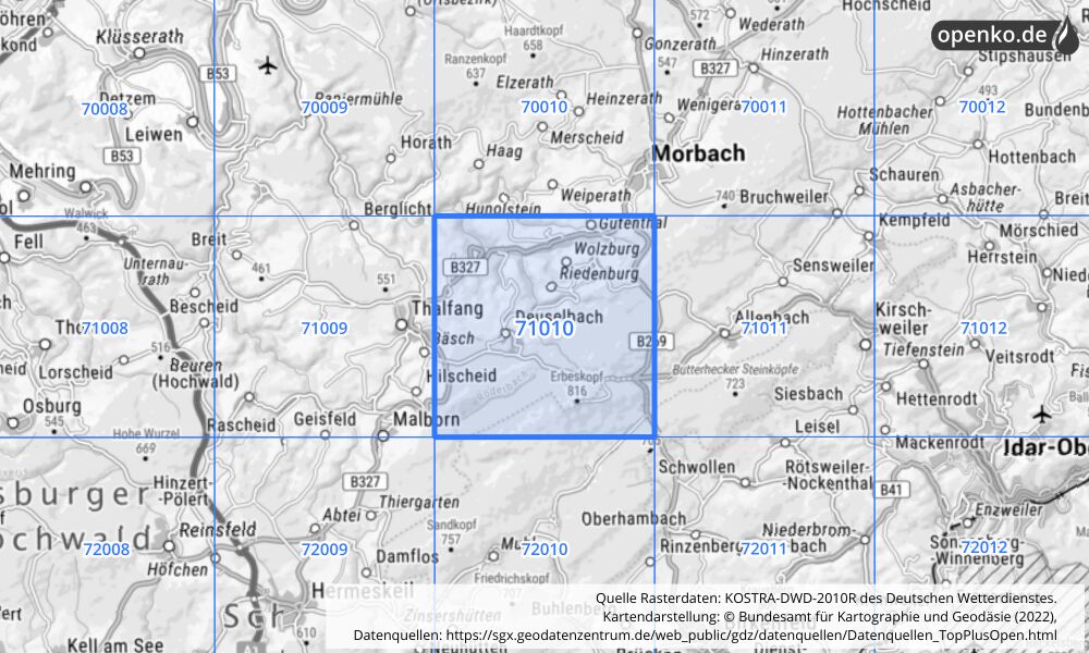 Übersichtskarte KOSTRA-DWD-2010R Rasterfeld Nr. 71010 mit angrenzenden Feldern