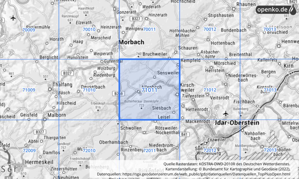 Übersichtskarte KOSTRA-DWD-2010R Rasterfeld Nr. 71011 mit angrenzenden Feldern