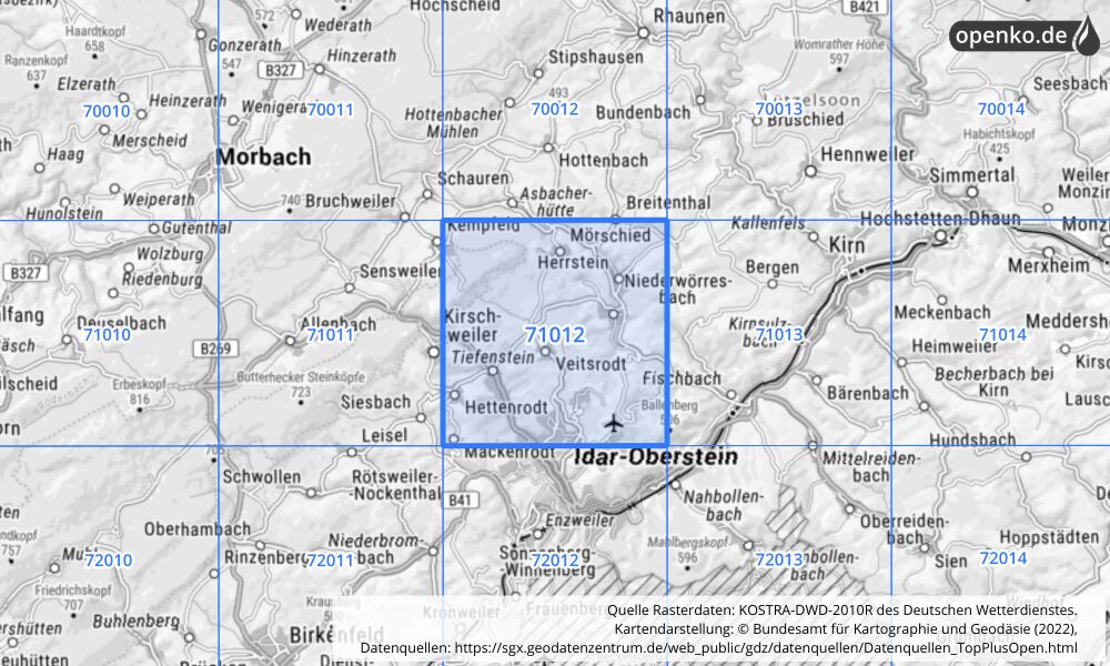 Übersichtskarte KOSTRA-DWD-2010R Rasterfeld Nr. 71012 mit angrenzenden Feldern