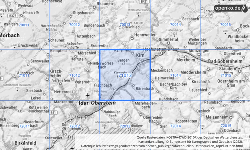 Übersichtskarte KOSTRA-DWD-2010R Rasterfeld Nr. 71013 mit angrenzenden Feldern