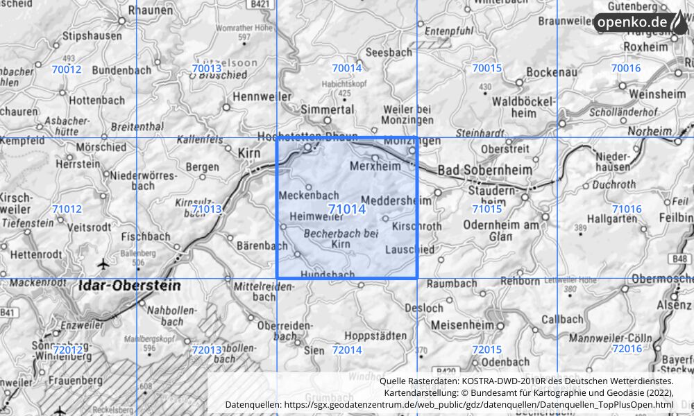 Übersichtskarte KOSTRA-DWD-2010R Rasterfeld Nr. 71014 mit angrenzenden Feldern