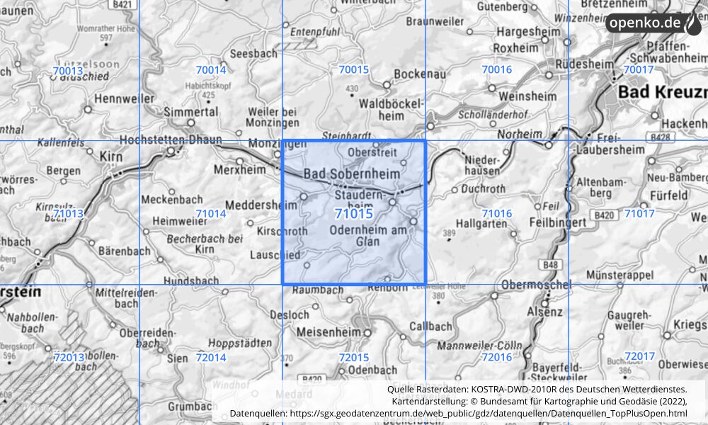 Übersichtskarte KOSTRA-DWD-2010R Rasterfeld Nr. 71015 mit angrenzenden Feldern