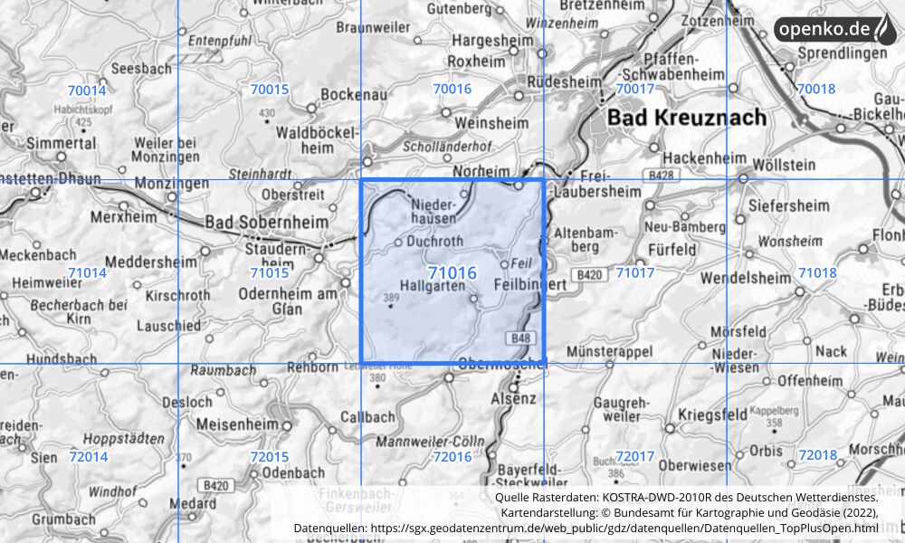 Übersichtskarte KOSTRA-DWD-2010R Rasterfeld Nr. 71016 mit angrenzenden Feldern