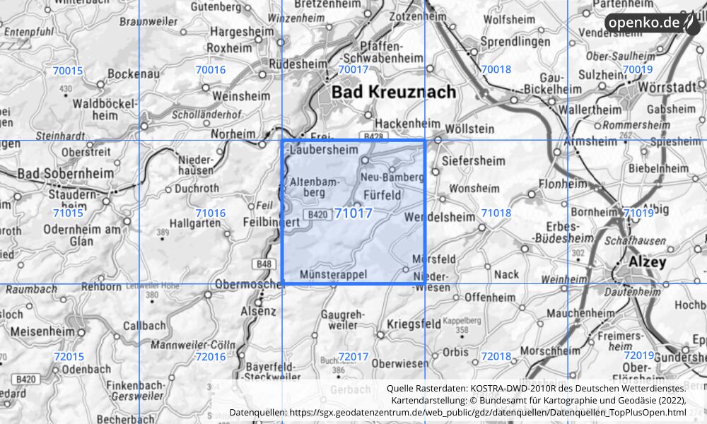 Übersichtskarte KOSTRA-DWD-2010R Rasterfeld Nr. 71017 mit angrenzenden Feldern