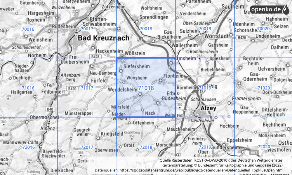 Übersichtskarte KOSTRA-DWD-2010R Rasterfeld Nr. 71018 mit angrenzenden Feldern