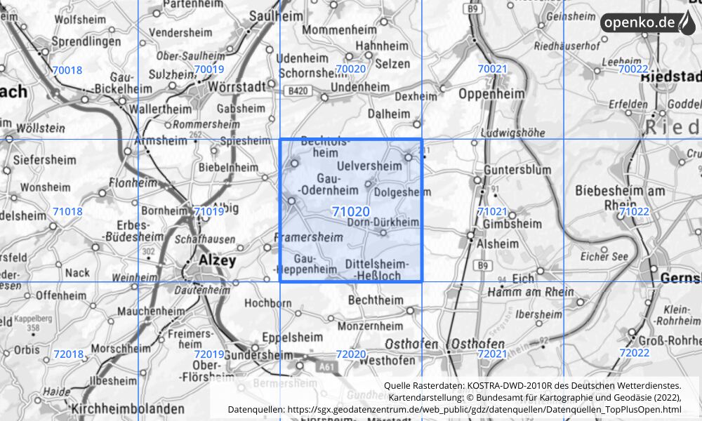 Übersichtskarte KOSTRA-DWD-2010R Rasterfeld Nr. 71020 mit angrenzenden Feldern