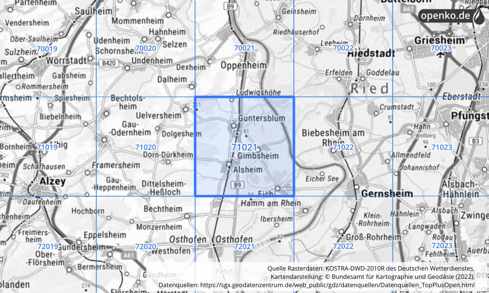 Übersichtskarte KOSTRA-DWD-2010R Rasterfeld Nr. 71021 mit angrenzenden Feldern