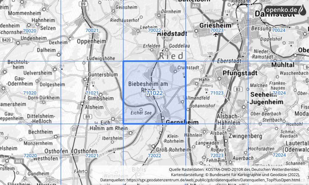 Übersichtskarte KOSTRA-DWD-2010R Rasterfeld Nr. 71022 mit angrenzenden Feldern