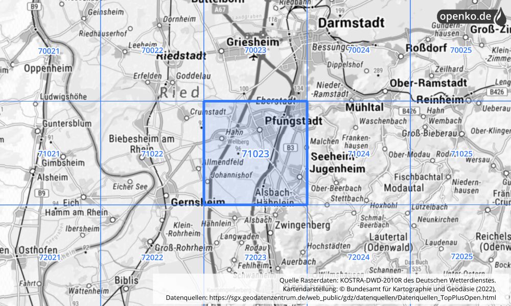 Übersichtskarte KOSTRA-DWD-2010R Rasterfeld Nr. 71023 mit angrenzenden Feldern