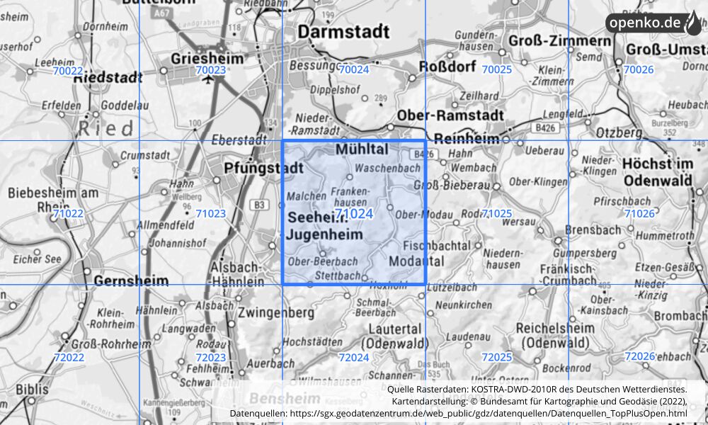 Übersichtskarte KOSTRA-DWD-2010R Rasterfeld Nr. 71024 mit angrenzenden Feldern