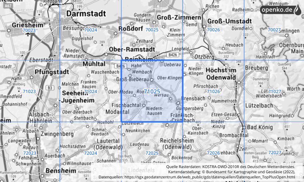 Übersichtskarte KOSTRA-DWD-2010R Rasterfeld Nr. 71025 mit angrenzenden Feldern